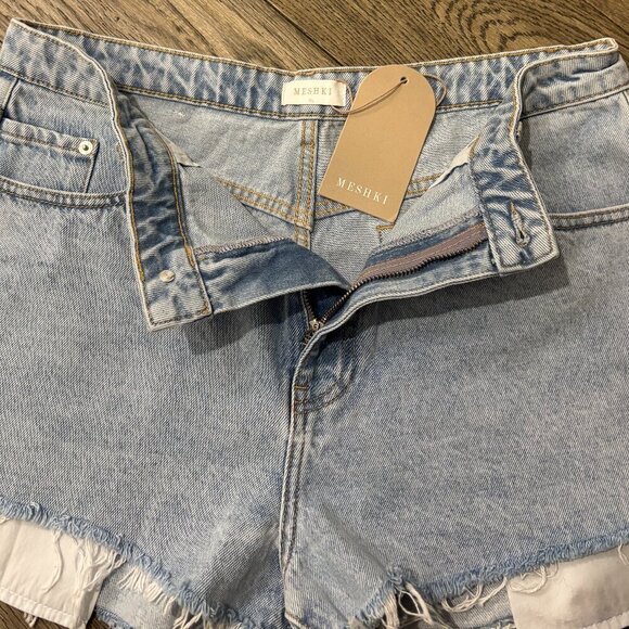 NWT MESHKI Light Wash High Waist Denim Shorts 100% Cotton - Picture 3 of 7